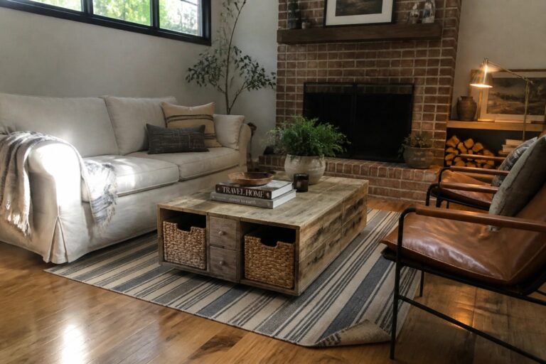 20 Creative Pallet Coffee Table Ideas Featuring Built-In Storage A rustic wooden coffee table with drawers and baskets under a striped rug in a living room with a white sofa and brick fireplace.