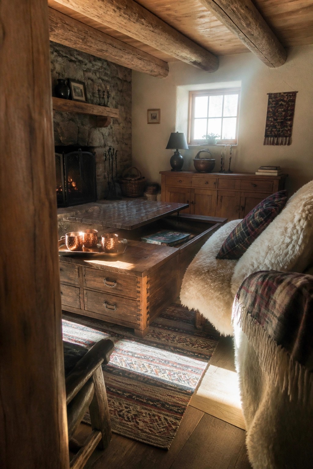 A wooden lift-top coffee table in a rustic room with the top raised to show storage space inside, next to a stone fireplace.