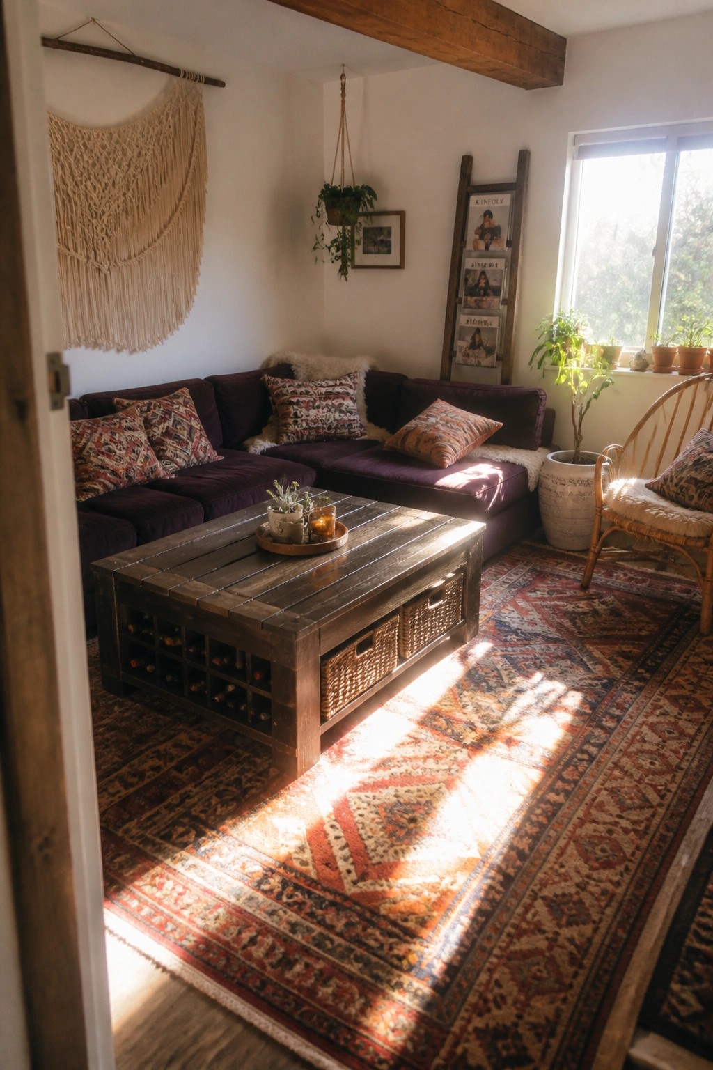 Cozy bohemian living room with purple sofa, wooden coffee table, and colorful rug in sunlight.