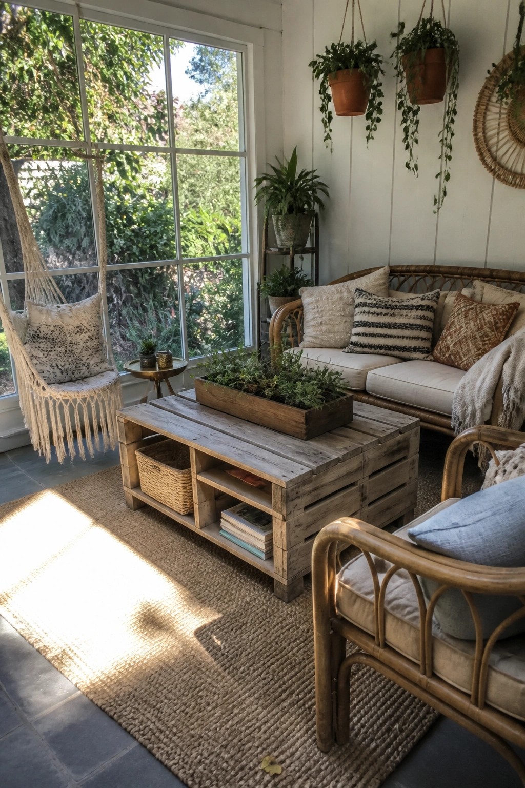 A wooden pallet coffee table with lower shelves holding books and a woven basket sits in a bright room with rattan seating and large windows.
