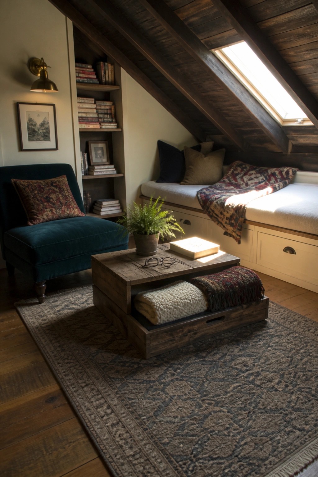 A rustic wooden pallet coffee table with open storage compartments holding folded blankets sits on a patterned rug in an attic room.