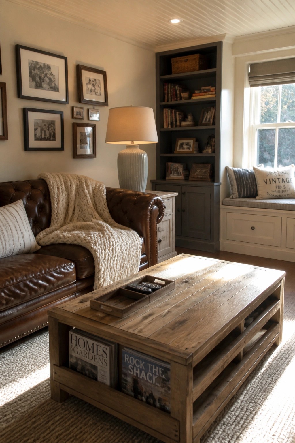 A rustic pallet coffee table with open sides holding magazines sits in front of a brown leather sofa in a living room with a built-in bookshelf and window seat.