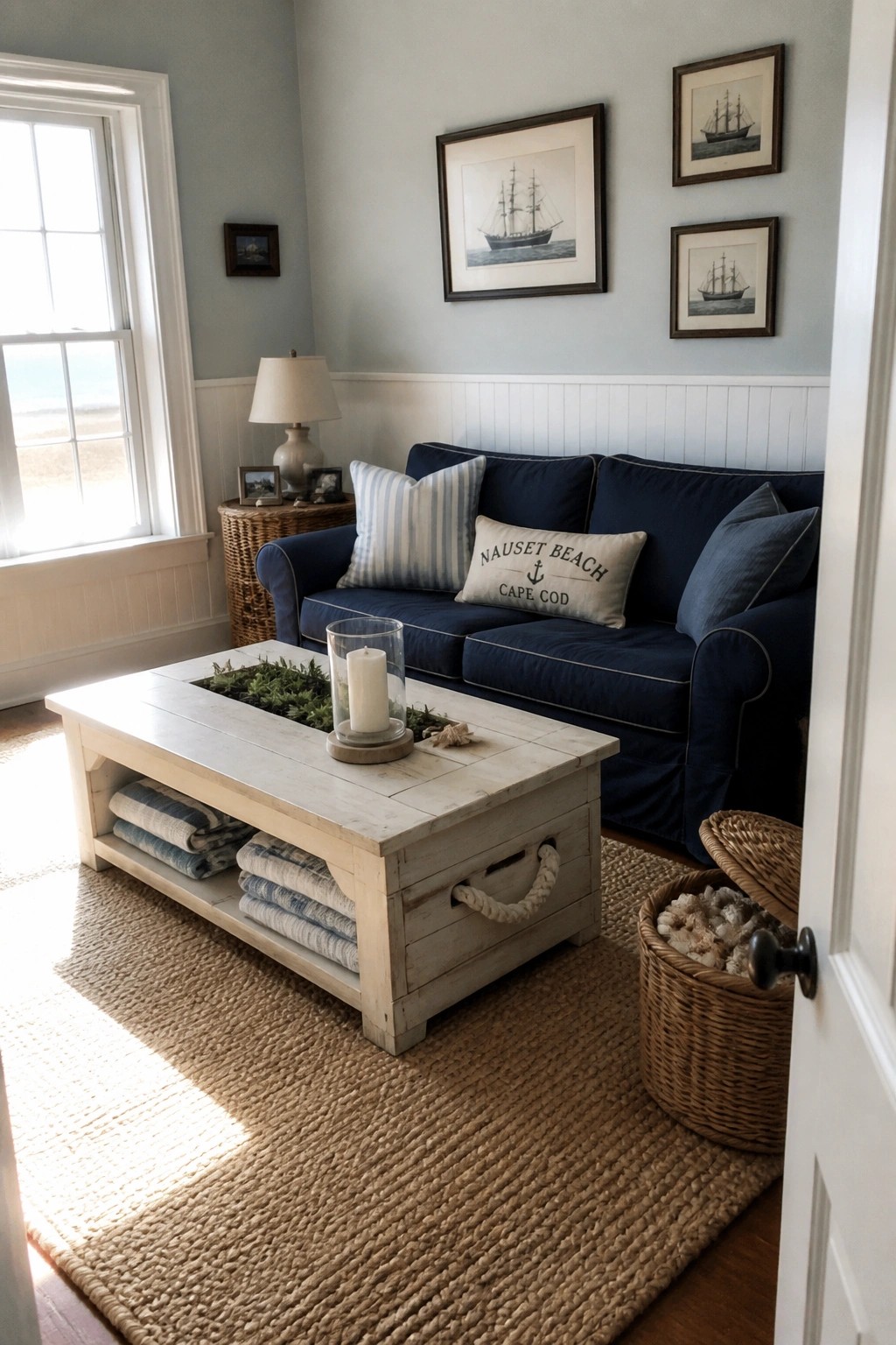 A whitewashed wooden coffee table with lower open shelves holding folded blankets sits on a jute rug in front of a navy sofa in a light blue living room.