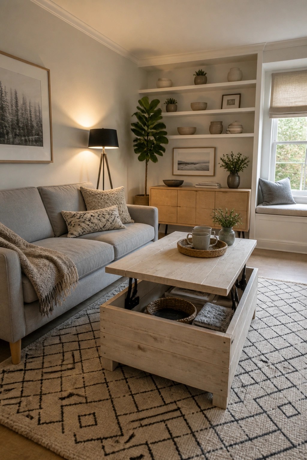 A light wood coffee table with an open storage compartment sits on a patterned rug in front of a gray sofa.