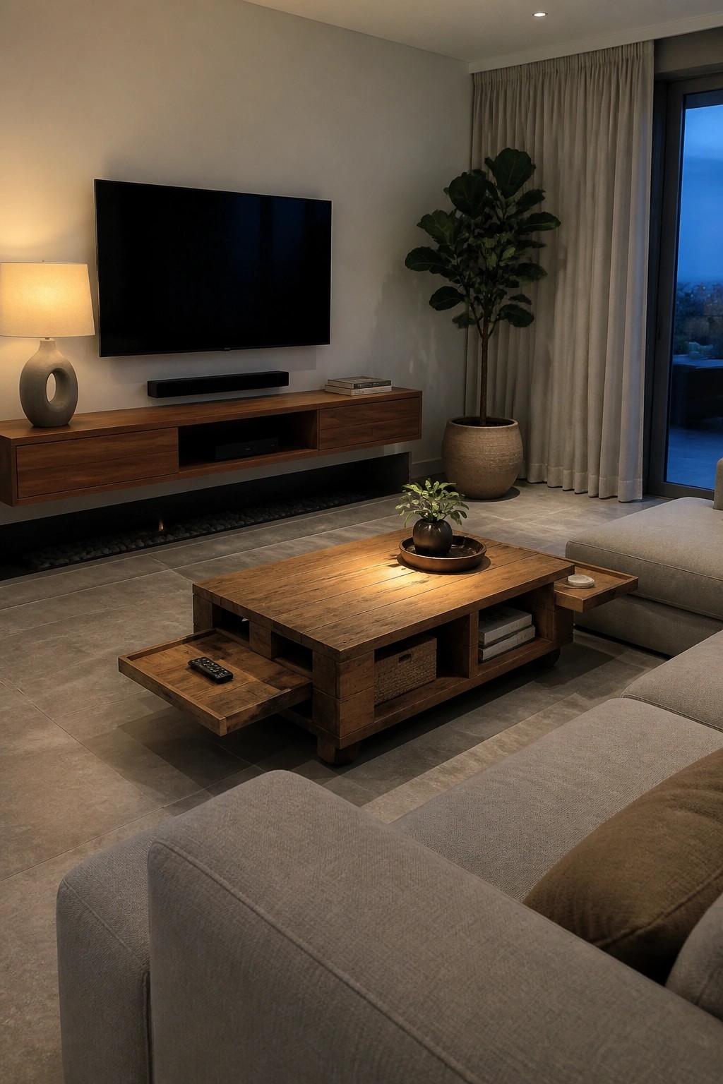 Modern living room with wooden coffee table, floating TV console, and sectional sofa