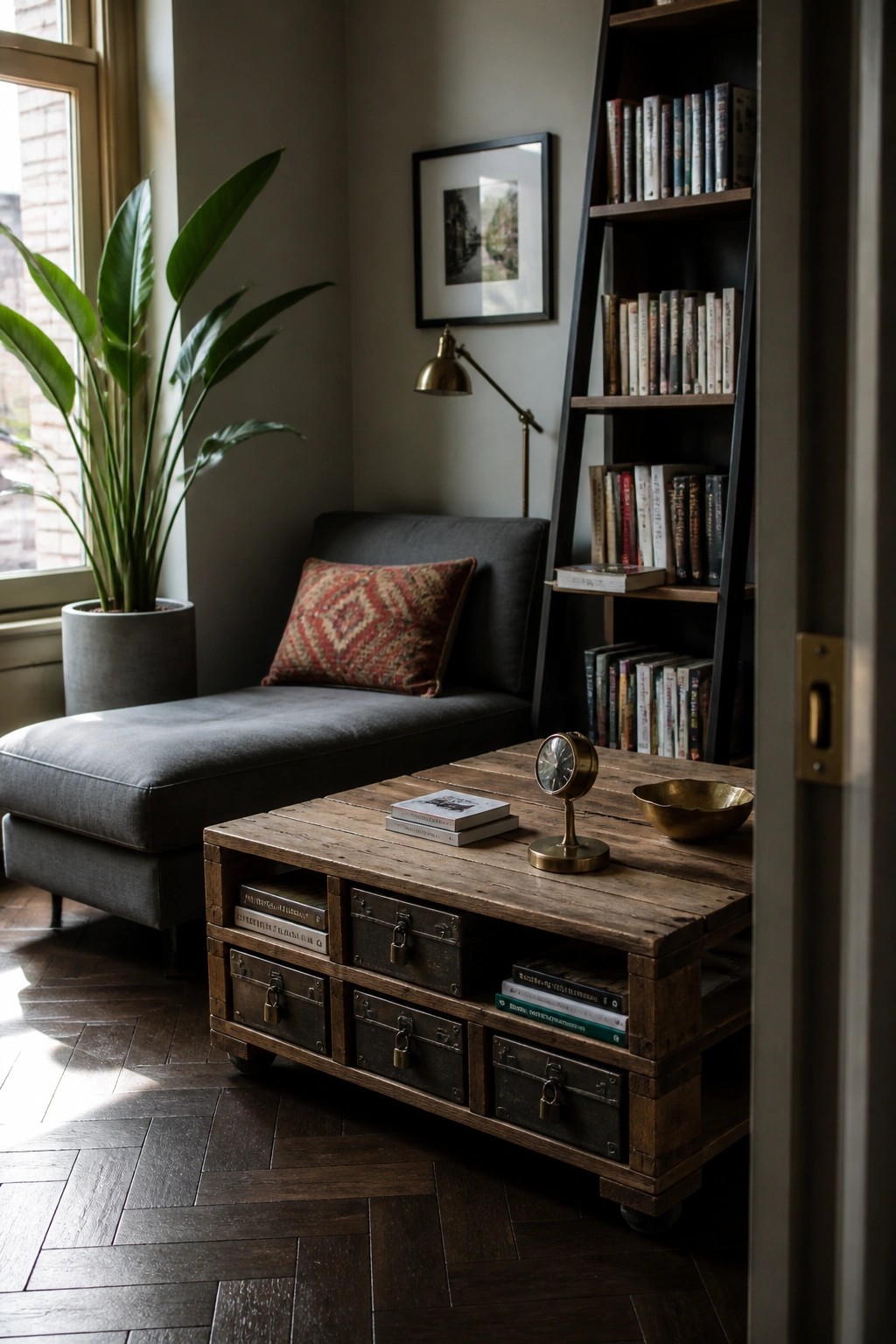 A rustic wooden pallet coffee table with metal storage trunks in its compartments sits on a dark wood floor in a living room.