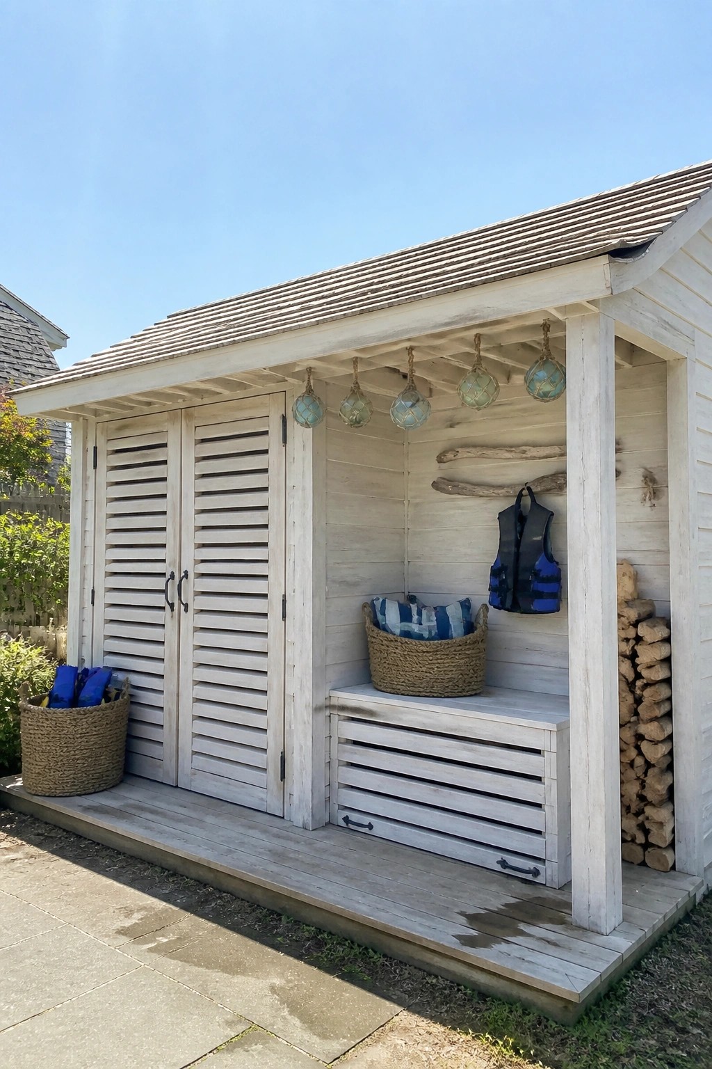 White wooden beach shed with life vest, baskets, firewood, and hanging glass floats