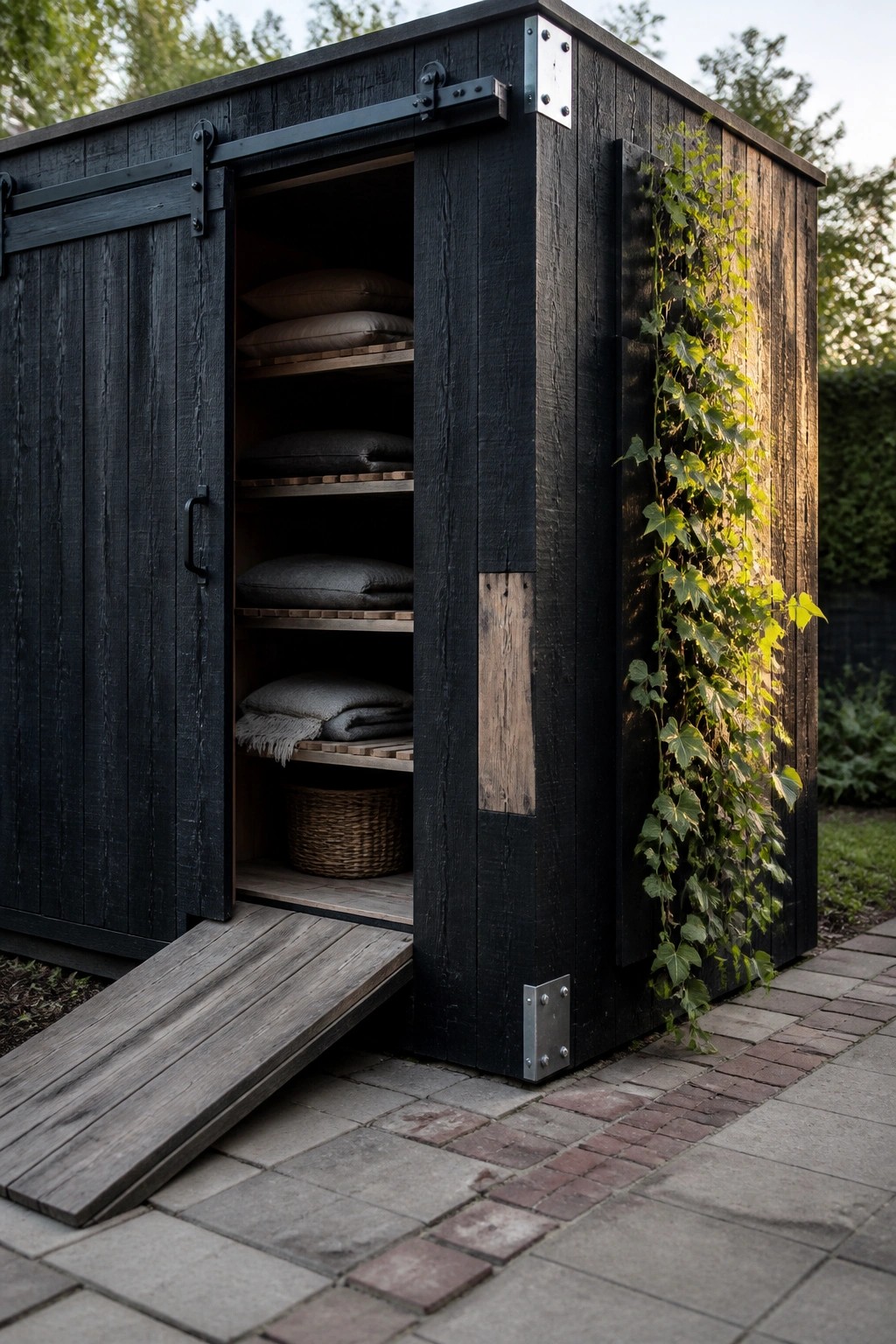A black wooden shed with an open sliding door showing interior shelves with cushions and a basket, a wooden ramp leading inside, and ivy growing on the right side wall.