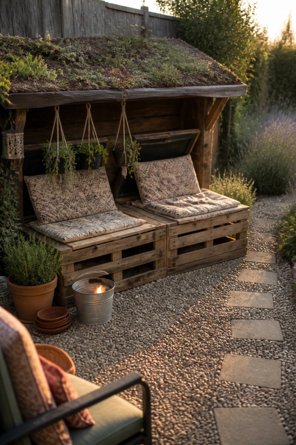 A wooden pallet shed with a green roof, built-in bench seating with patterned cushions, hanging plants, and a gravel path beside it.