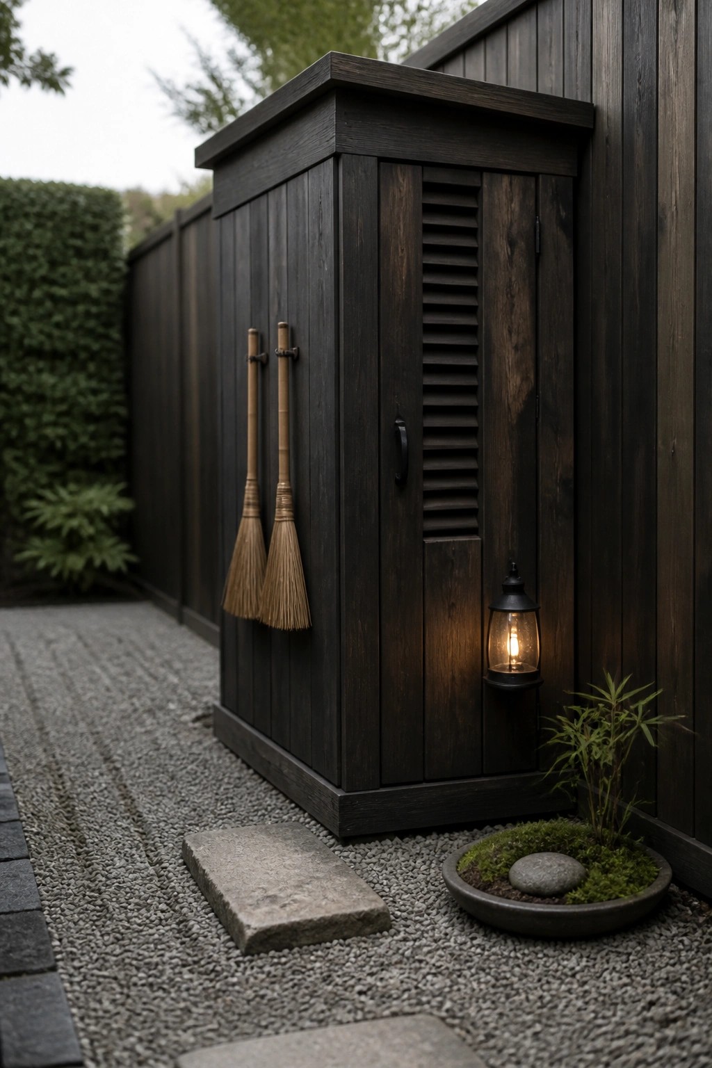 A dark wooden shed with two brooms hanging on hooks beside a lit wall lantern, set next to a gravel path with stepping stones.