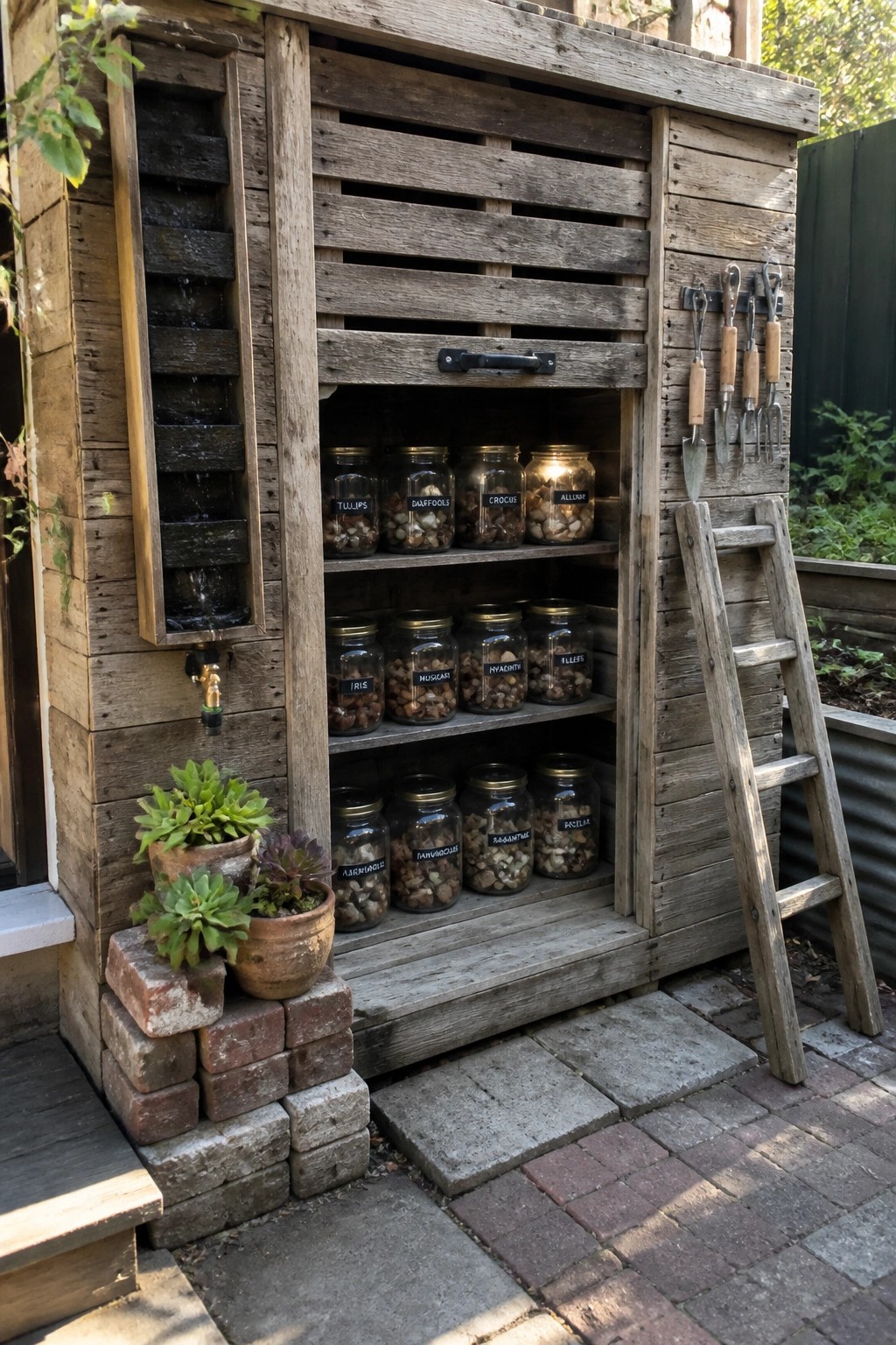A rustic wooden pallet shed with open interior shelves holding labeled glass jars of flower bulbs and gardening tools mounted on the right exterior wall.