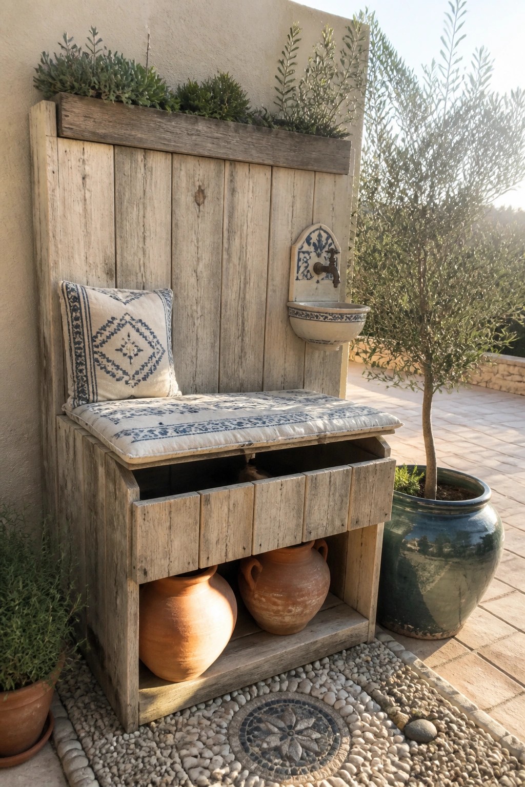 Wooden pallet bench with cushioned seat and open lower storage holding two clay pots, positioned below a wall-mounted sink on a paved outdoor patio.