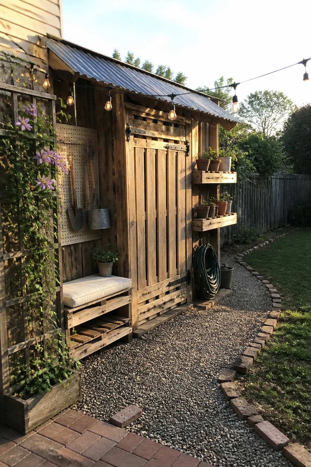 A wooden pallet shed in a backyard with a pegboard holding garden tools, shelves with potted plants, and a coiled hose beside the door.