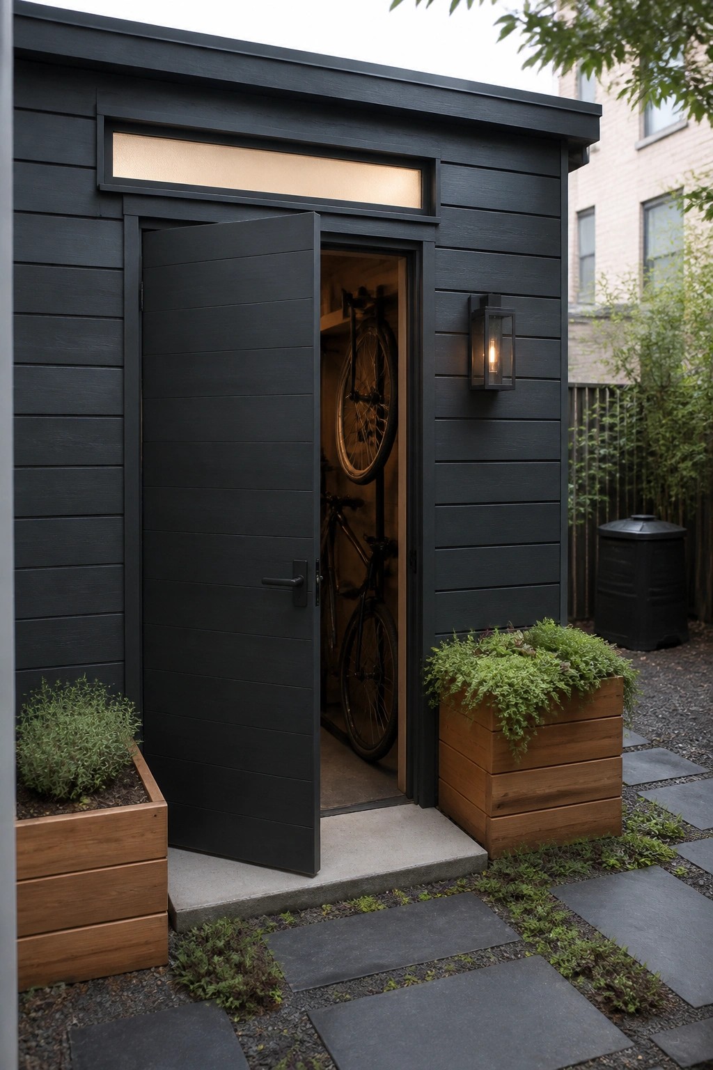 A black wooden shed with horizontal siding and an open door showing two bicycles stored inside, set between wooden planters on a stone path.