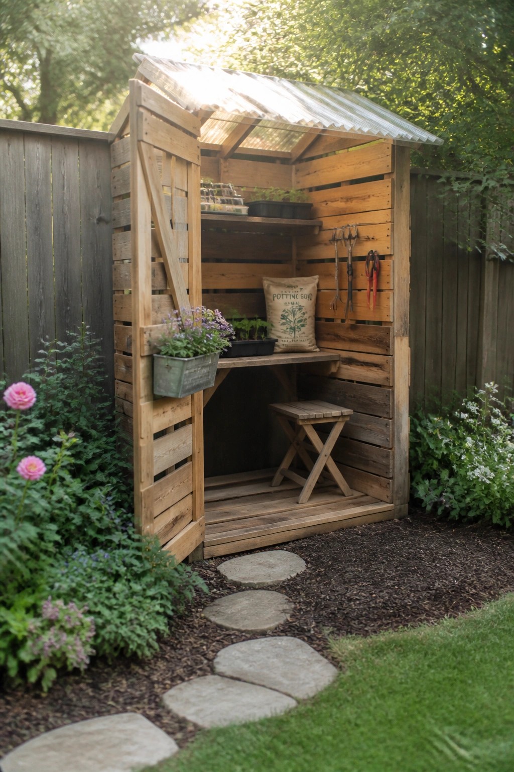 Rustic wooden garden shed with open door, plant shelves, tools, and stone path.