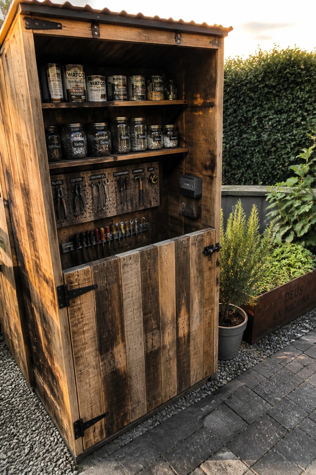Open rustic wooden tool cabinet with jars, cans, pegboard tools, and garden plants.