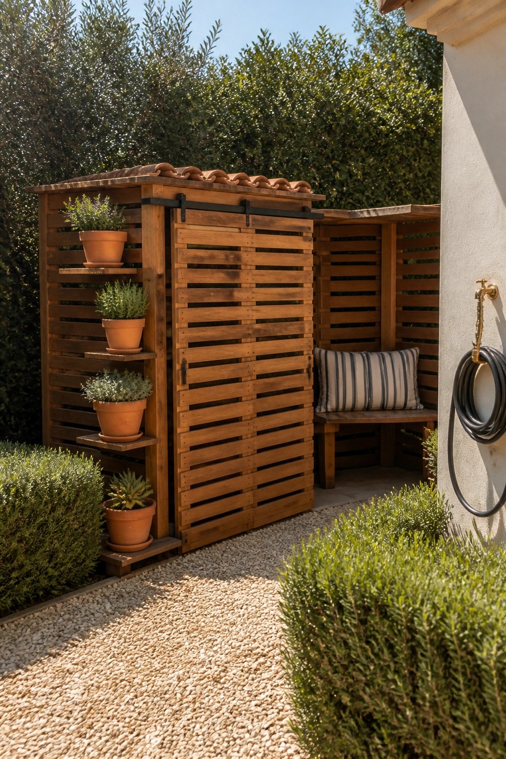 A wooden pallet shed with horizontal slats, exterior side shelves holding potted plants, and an open bench area inside, set on gravel in a garden.