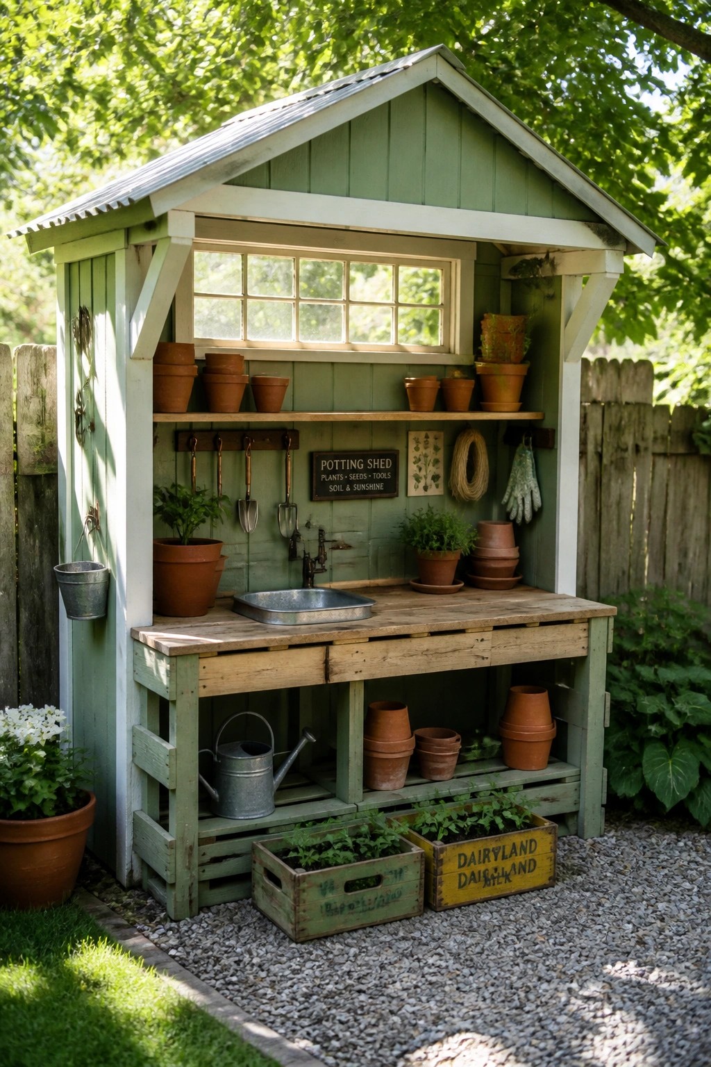A green wooden potting shed with a pallet-style wooden workbench, shelves of terracotta pots, hanging tools, and wooden crates on gravel ground.