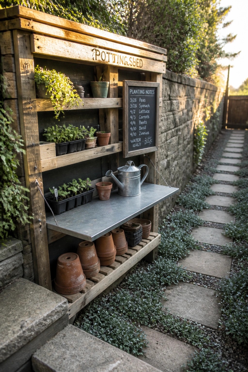 A wooden pallet shed with multiple shelves holding potted plants, seed trays, a metal watering can, and stacked clay pots, placed beside a stone garden path.