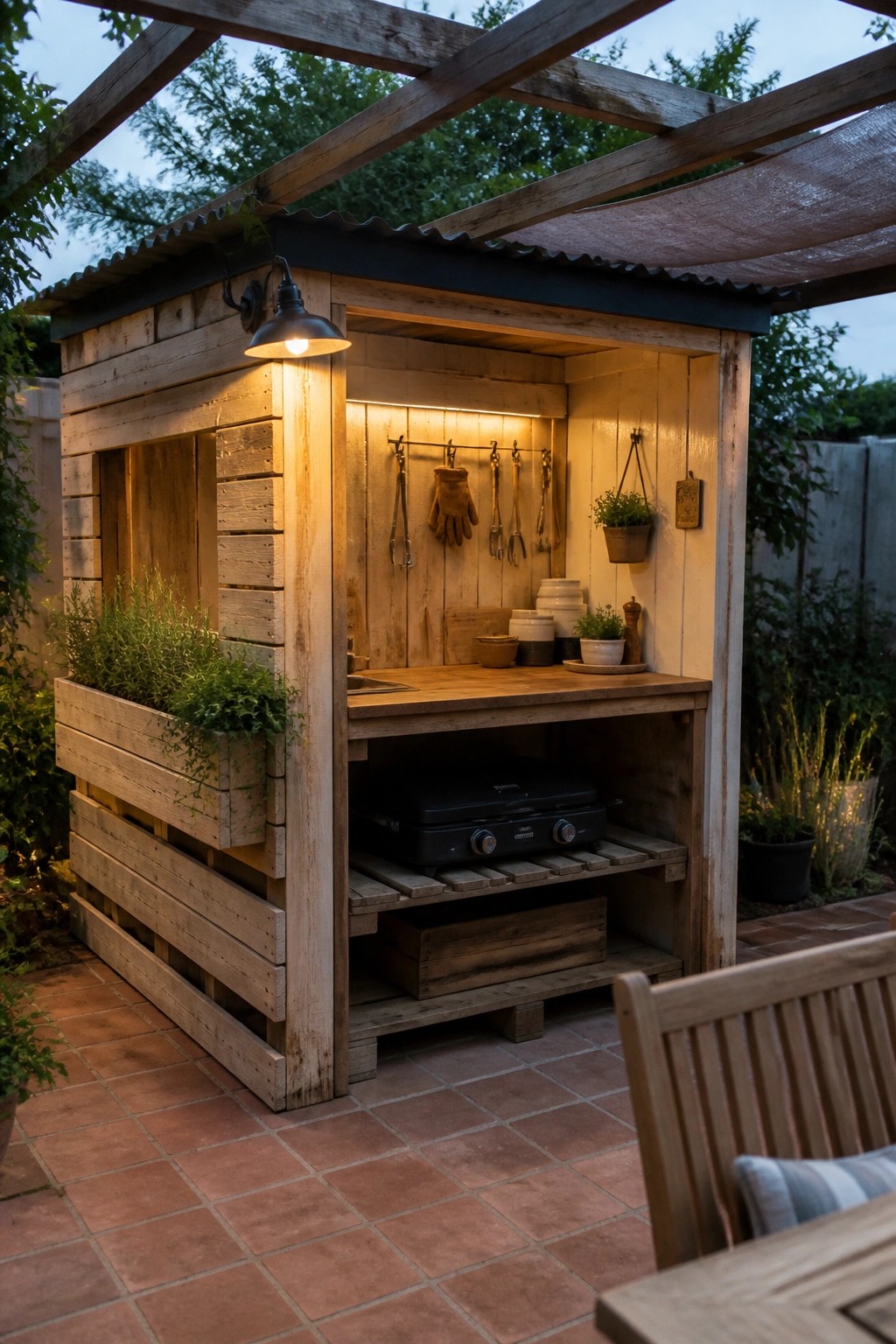 A wooden pallet shed with a countertop, open lower storage area holding a black grill and wooden box, hanging tools on the back wall, and a side planter box on a brick patio.