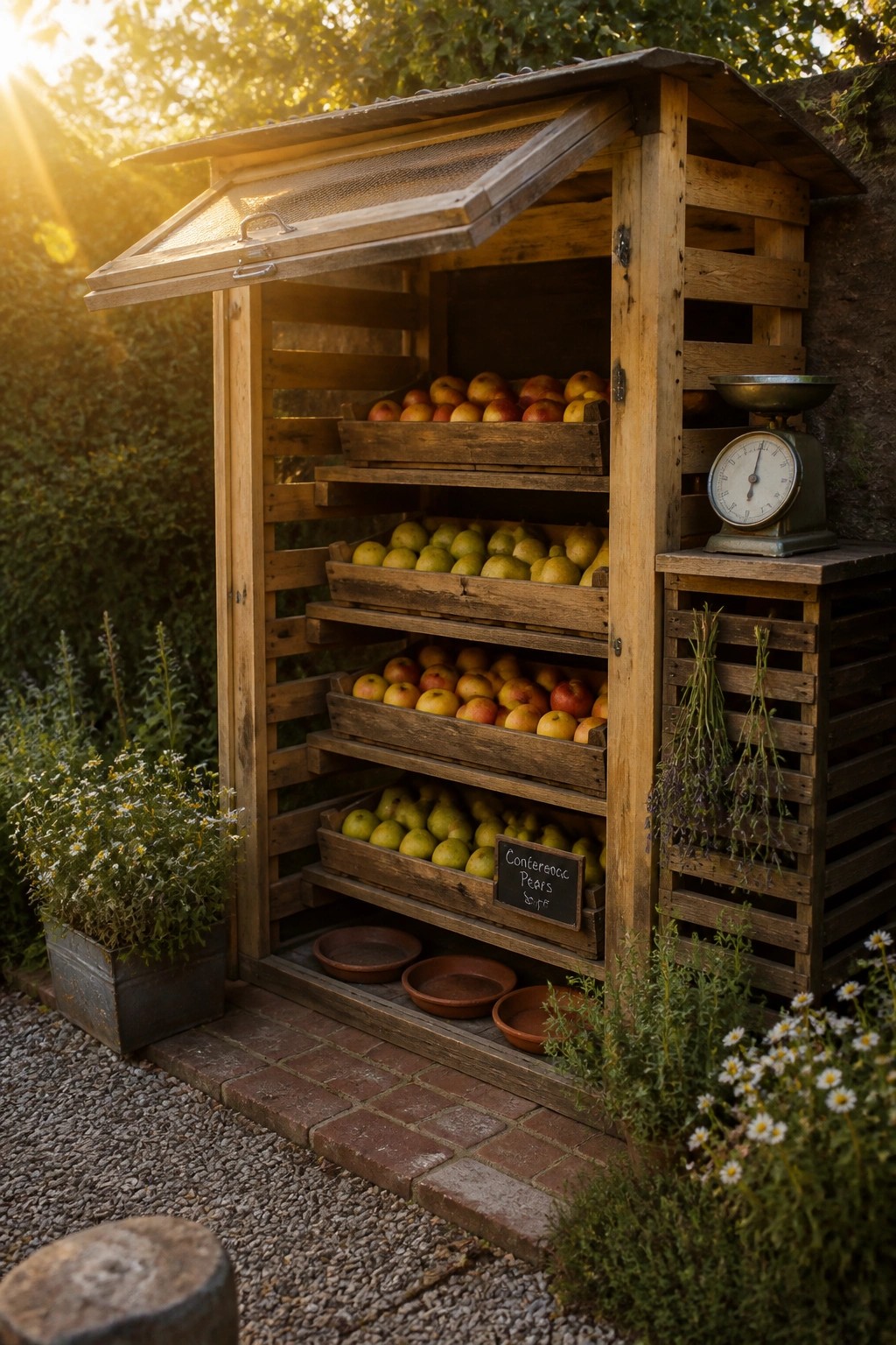 A wooden pallet shed with multiple open shelves holding crates of apples and pears, a scale on the side platform, and garden plants at the base.