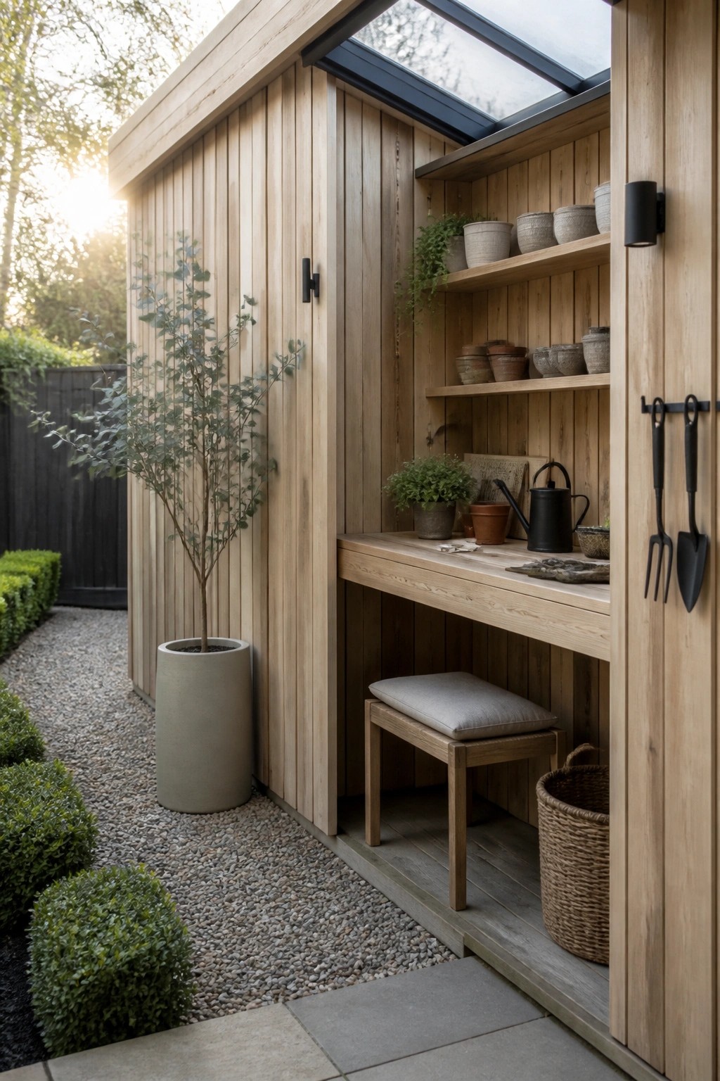 Wooden garden shed with open doors, pottery shelves, workbench, and hanging tools