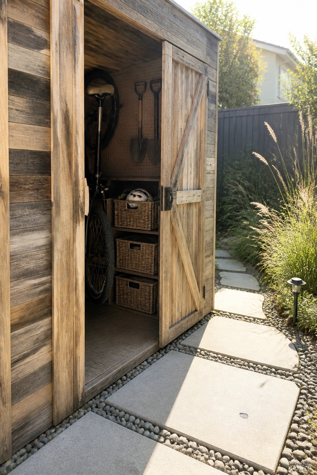 A wooden shed stands open in a backyard, showing a bicycle and woven storage baskets inside, with a stone path leading to the door.