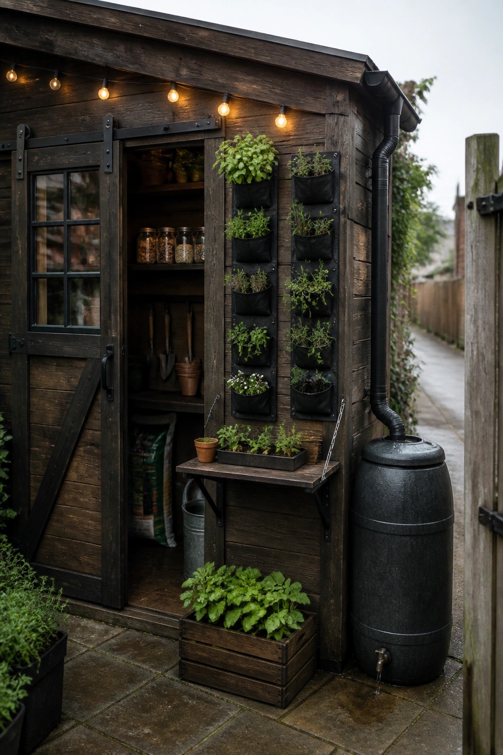 A dark wooden shed with open doors showing interior shelves, vertical fabric wall pockets filled with plants on the exterior wall, a rain barrel attached to the downspout, and string lights overhead.