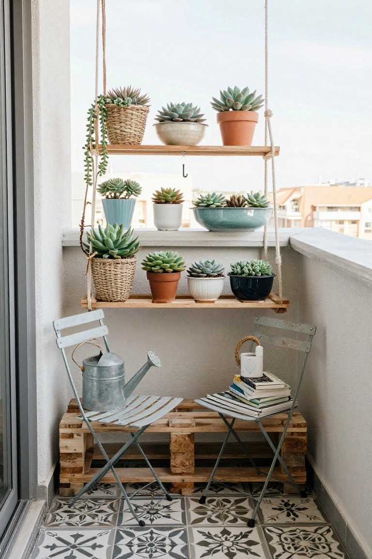 A balcony with two hanging wooden shelves holding potted succulents above folding chairs placed on a pallet base.