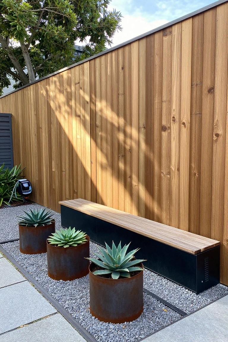 A row of large rusted metal pots holding succulents sits in a gravel bed beside a long wooden bench against a vertical wood fence.
