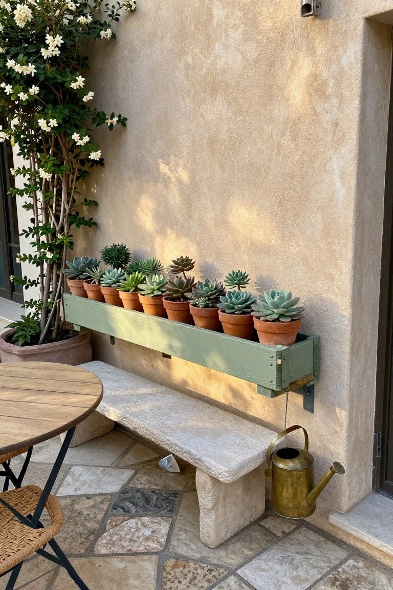 A long green wooden planter mounted on a stucco wall holds rows of terracotta pots filled with succulents, positioned above a stone bench with a brass watering can on the ground nearby.