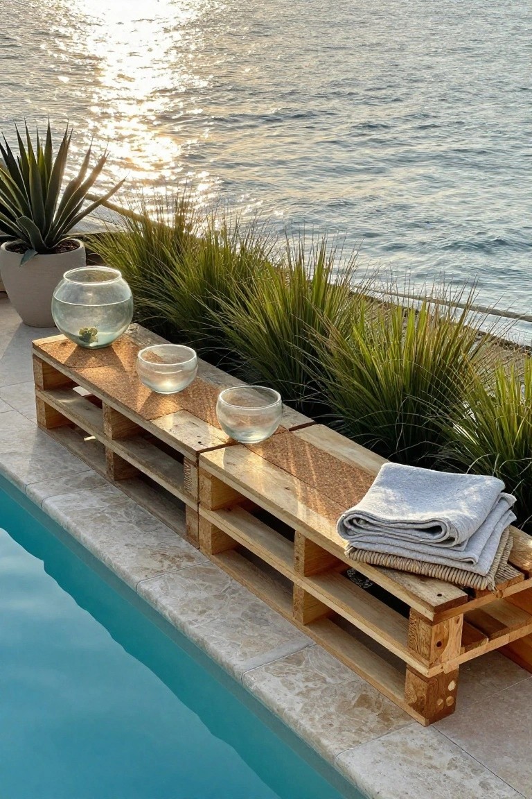 A wooden pallet structure placed along a pool edge holds three glass bowls and folded gray towels, with water and green plants visible behind it.