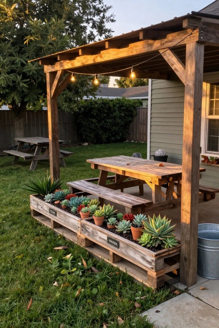 Wooden pallet planters filled with succulents sit on grass next to a picnic table under a pergola.