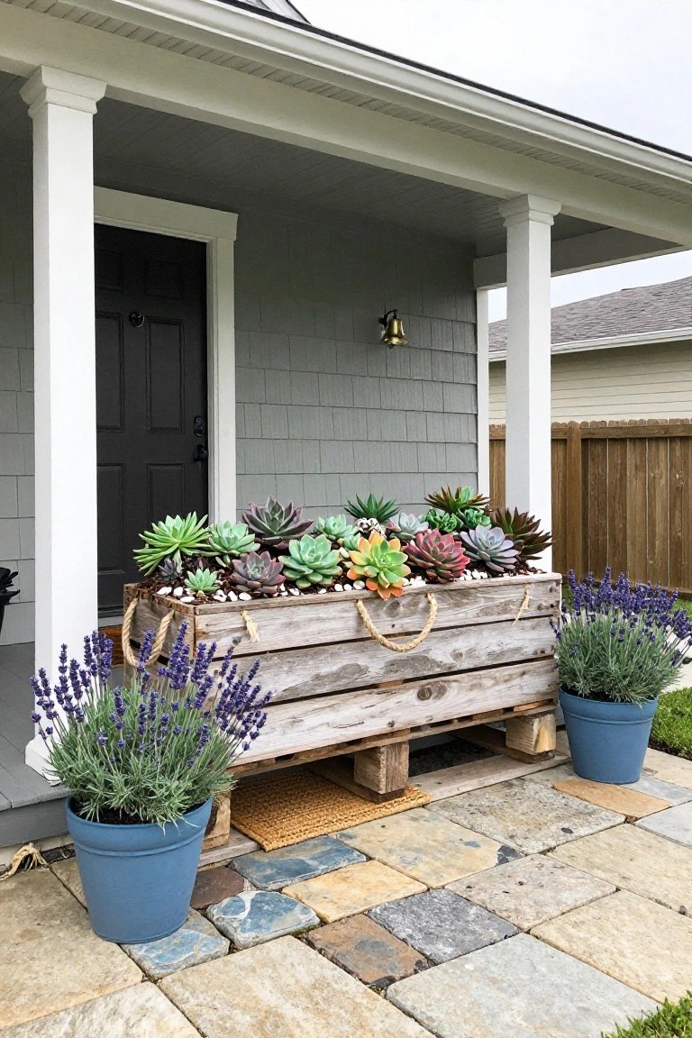 A weathered wooden pallet planter filled with succulents rests on a stone patio beside a house porch, with two blue pots of lavender placed on either side.