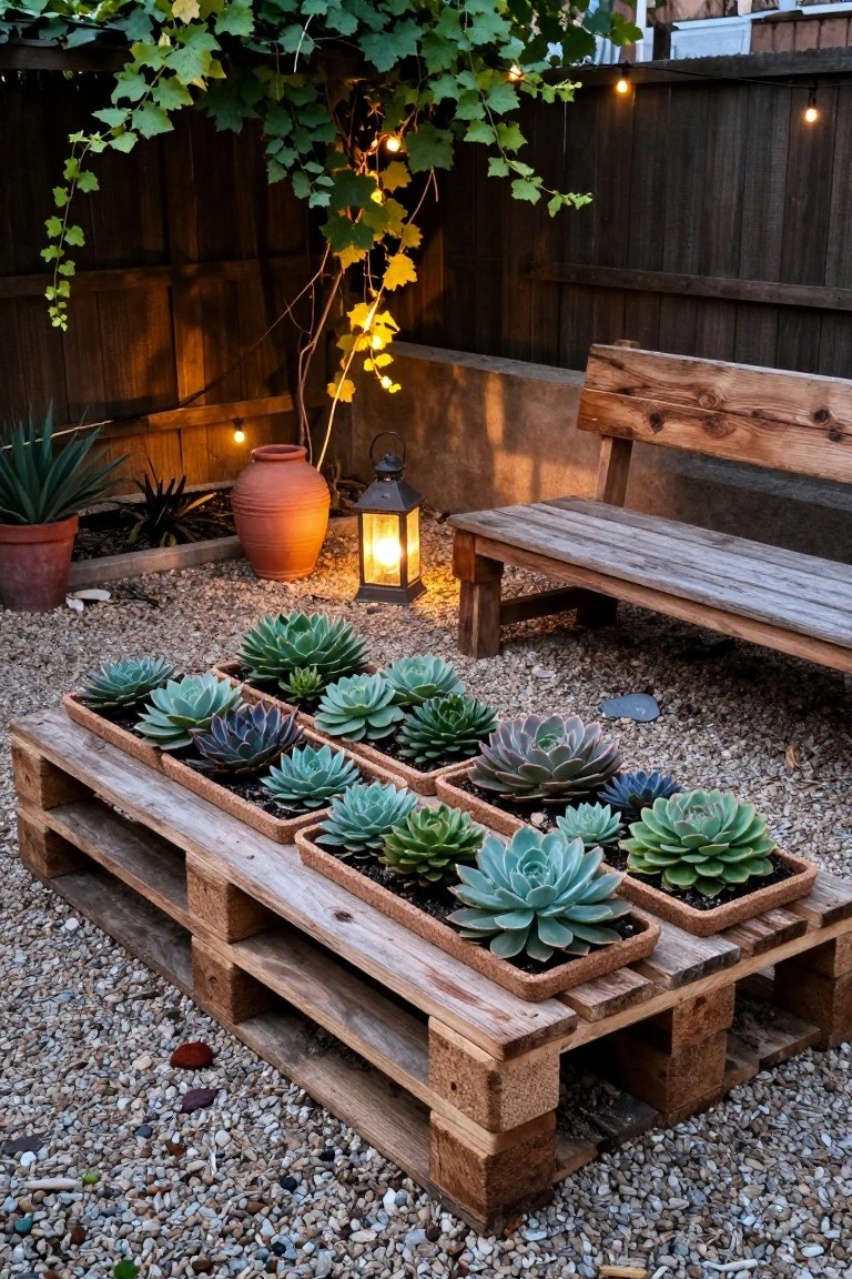 Wooden pallet holding multiple rectangular trays of succulents on gravel ground near a wooden bench and fence.