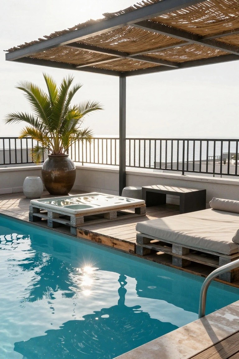 A rooftop pool deck with turquoise water, wooden pallet lounge seating, a raised pallet platform, a large potted palm, and a thatched roof structure overlooking the sea.