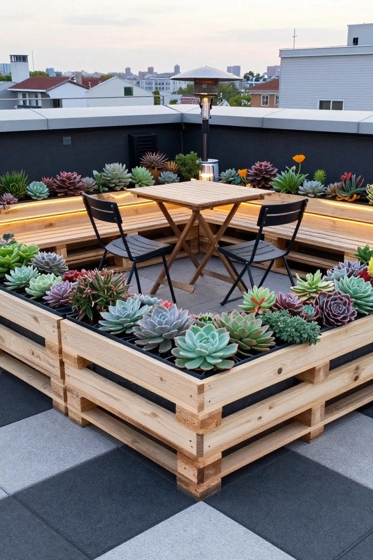 A rooftop terrace with a wooden pallet planter filled with succulents surrounding a table and two black folding chairs.
