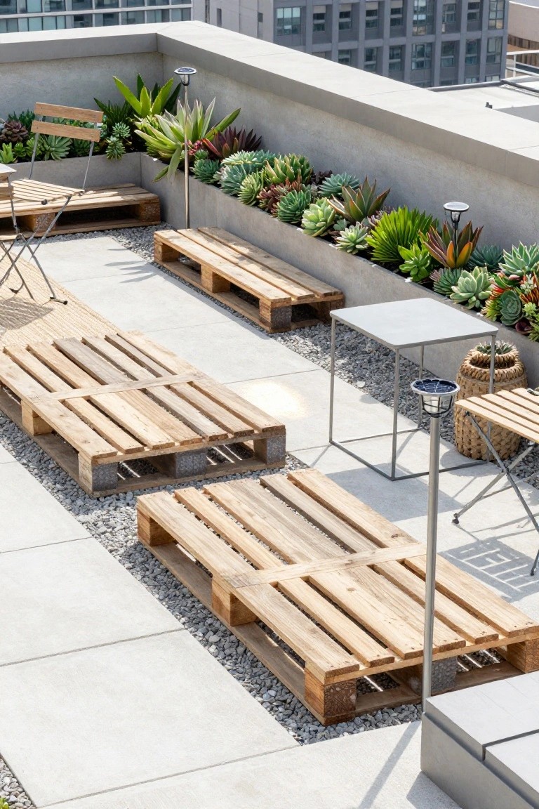 Rooftop patio featuring wooden pallet benches and loungers placed beside concrete planters filled with succulents.