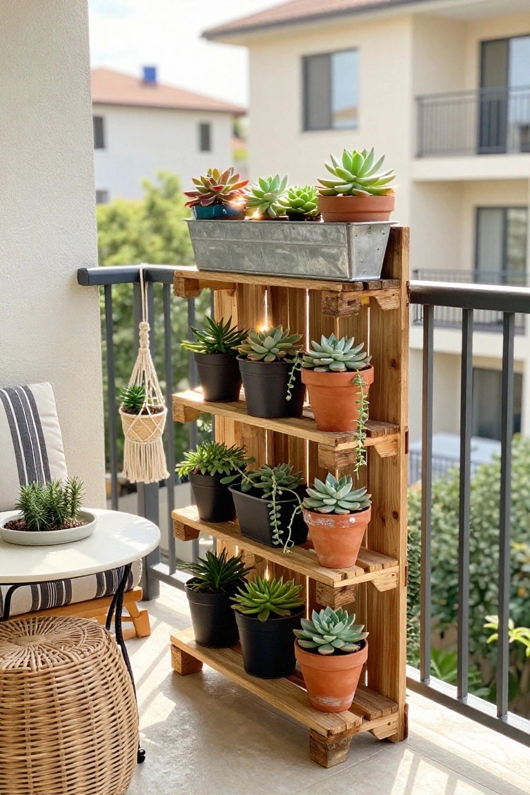 A wooden pallet repurposed as a multi-tiered stand holding potted succulents on a sunny balcony.