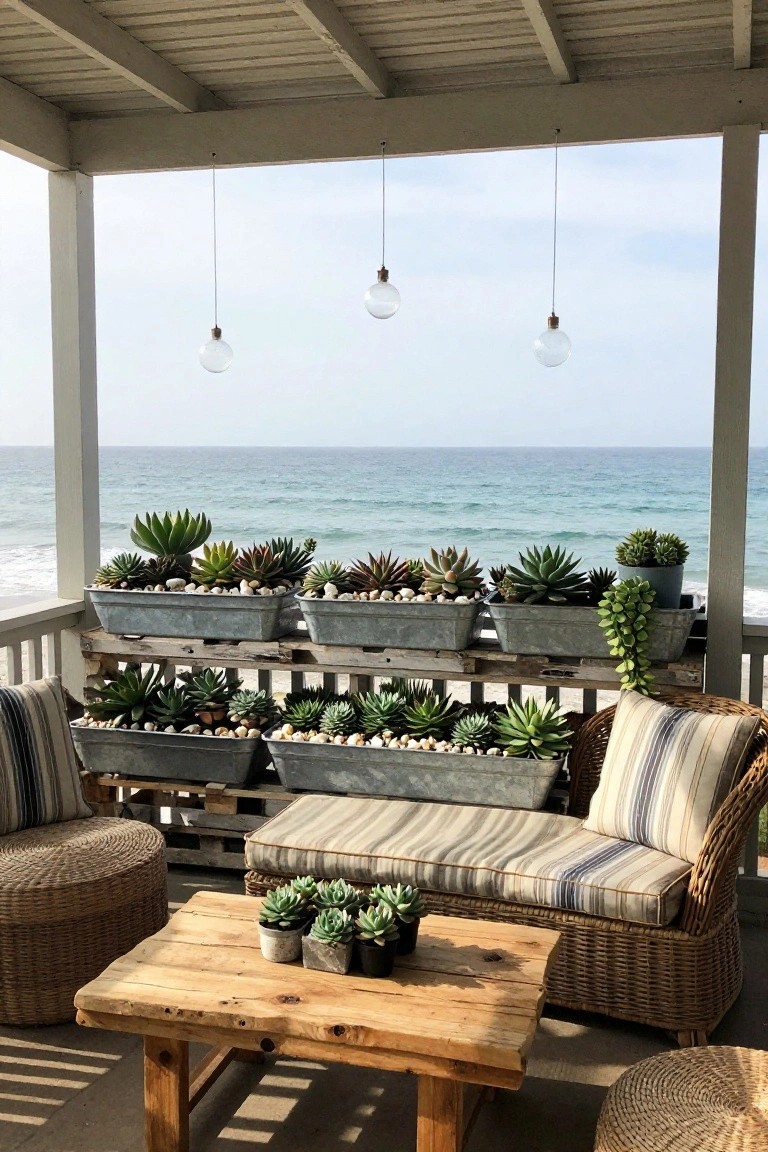 A wooden porch overlooking the ocean with multiple metal troughs of succulents arranged on stacked pallets, plus wicker seating and hanging lights.