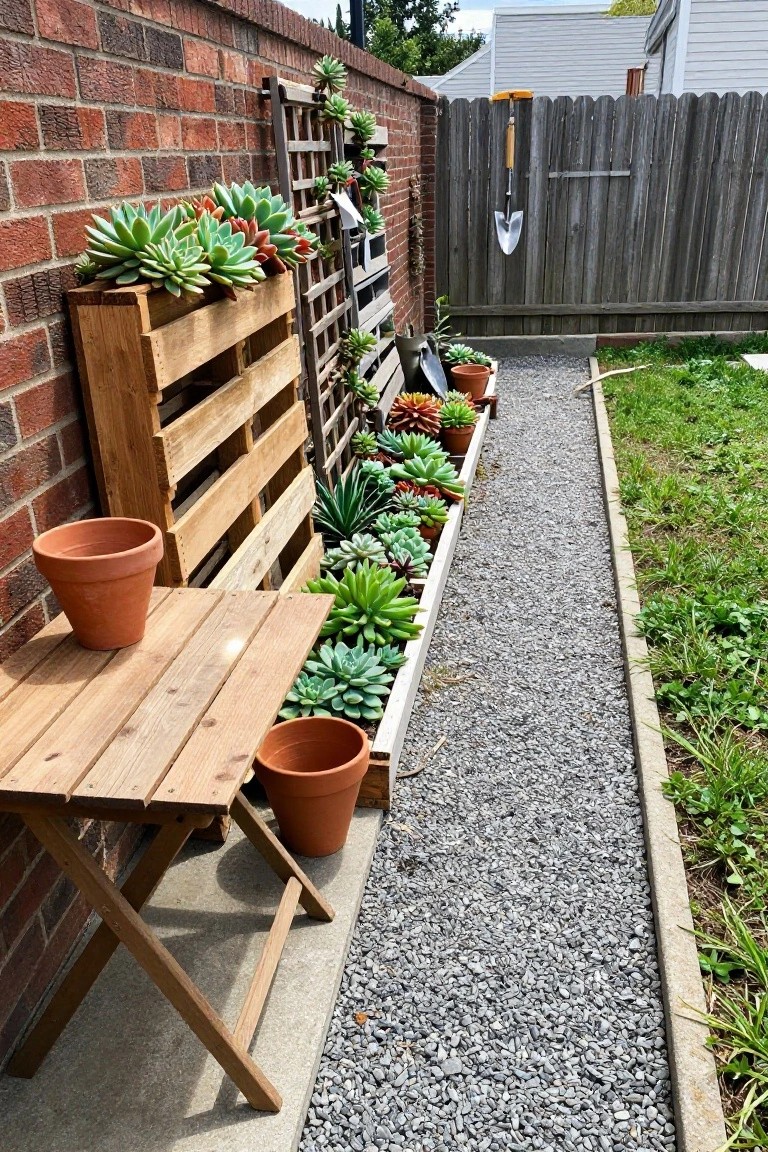 Succulent-filled wooden pallets line a gravel path beside a brick wall and table.