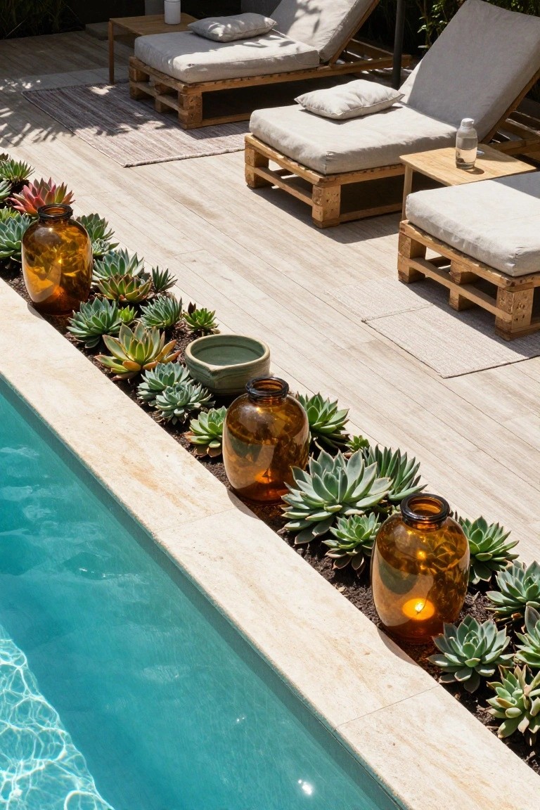 A turquoise pool with a narrow border of succulents and amber glass lanterns along the stone coping, beside pallet lounge chairs on a light wood deck.