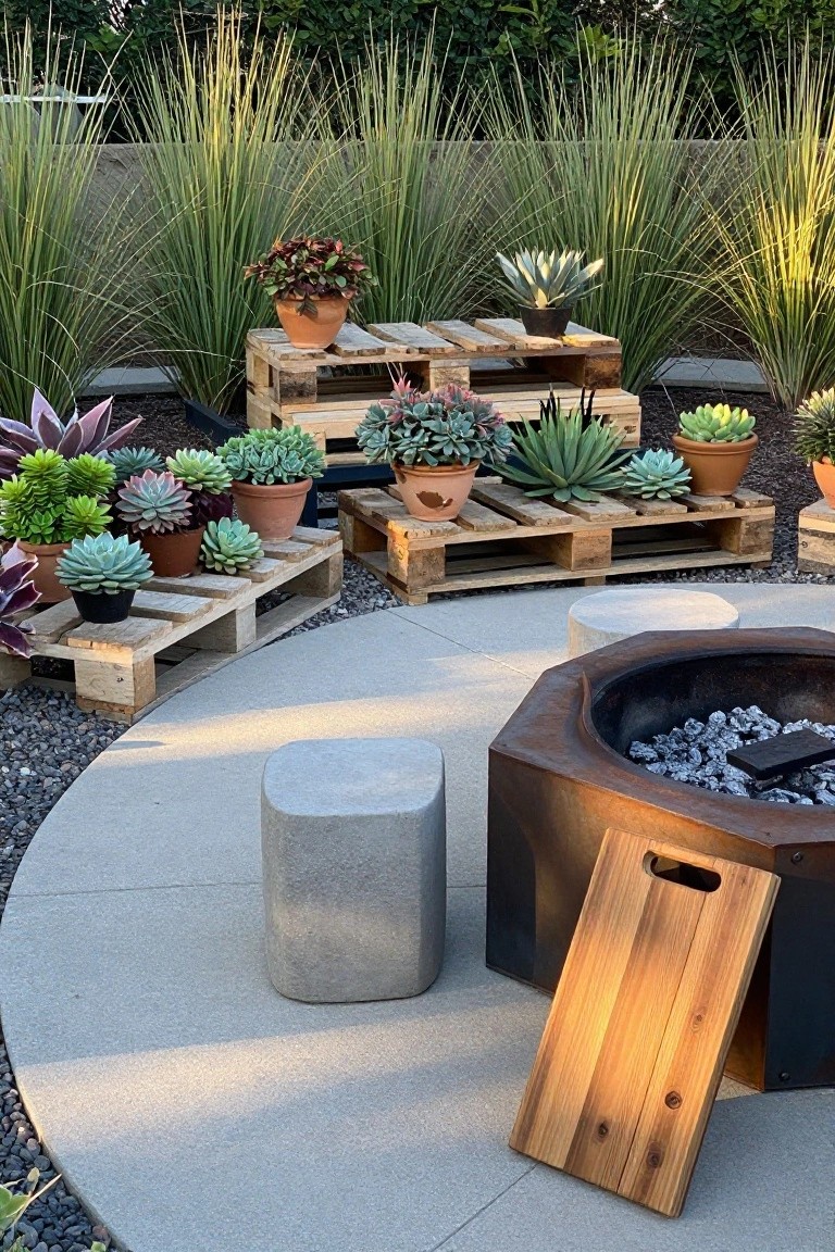 A concrete patio with wooden pallets holding potted succulents arranged around a metal fire pit and gray concrete stools.