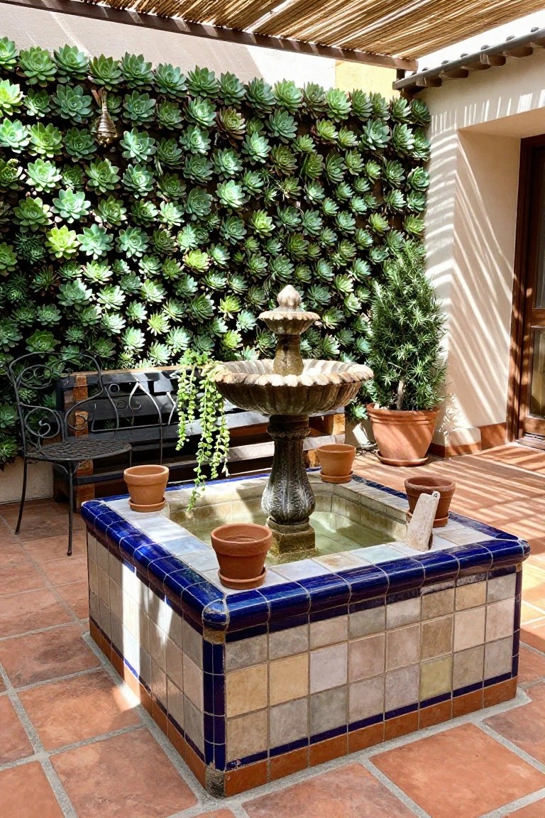 A sunny courtyard with a wall fully covered in green succulents above a tiled fountain basin and scattered terracotta pots.