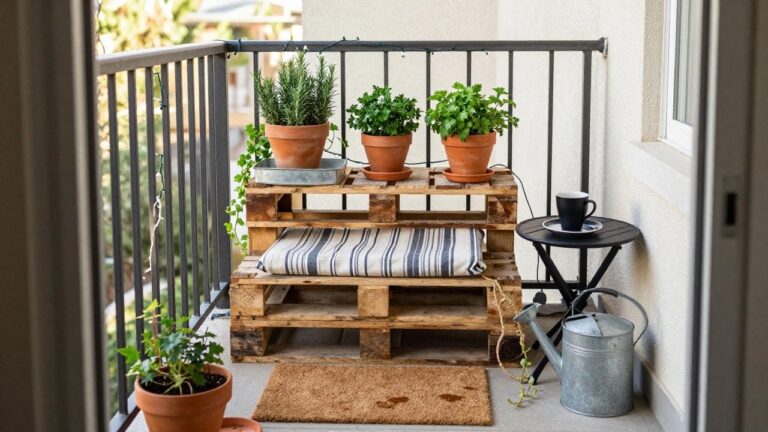 Wooden pallet shelves on a balcony hold terracotta pots of herbs and small plants, with metal trays and a cushion on the lower level.