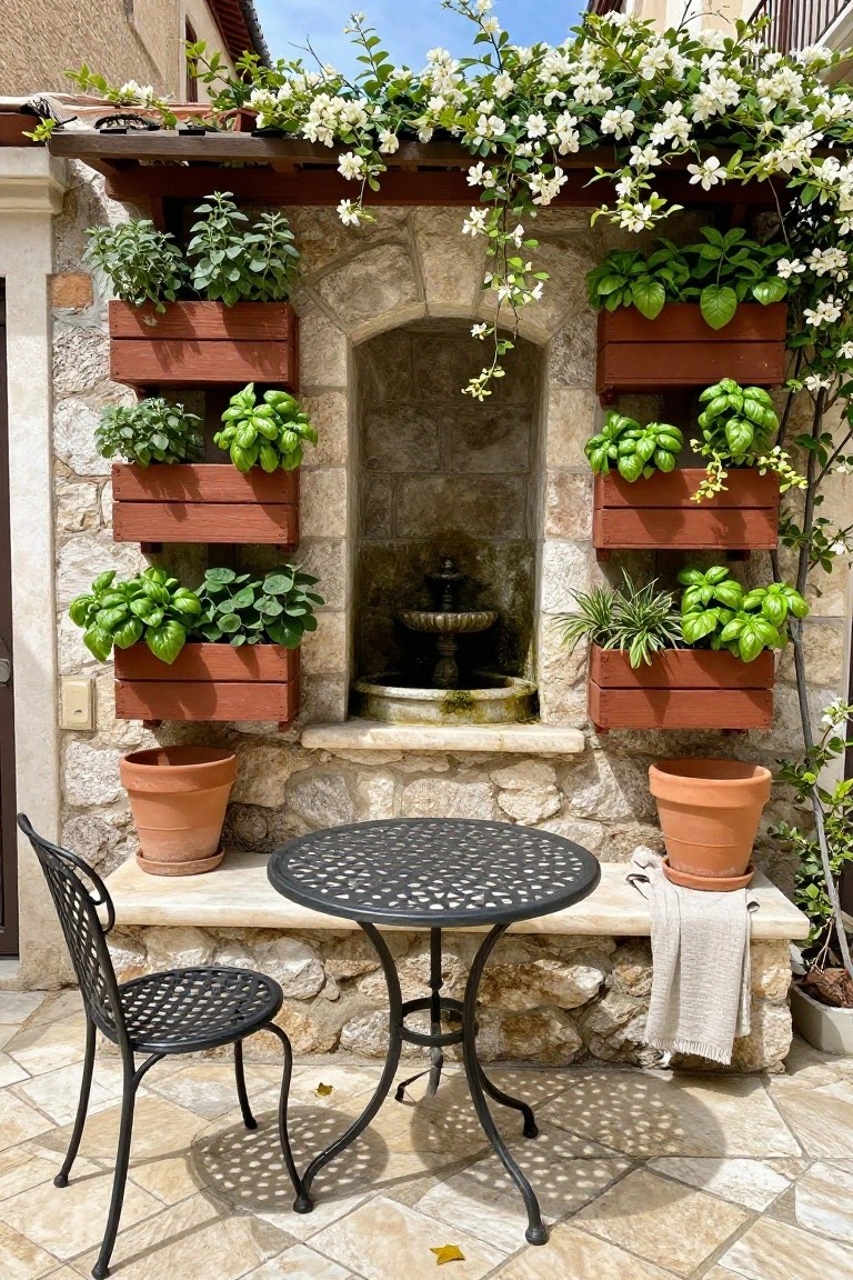 A stone wall on a patio holds multiple tiers of wooden planters filled with green plants around a small central fountain, with a black metal table and chair in the foreground.