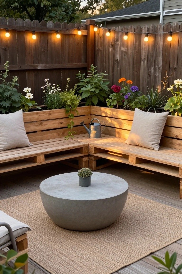 An L-shaped wooden pallet bench with cushions forms a corner seating area on a deck, with string lights above, a round concrete table in front, and flowering plants growing directly behind the backrest.