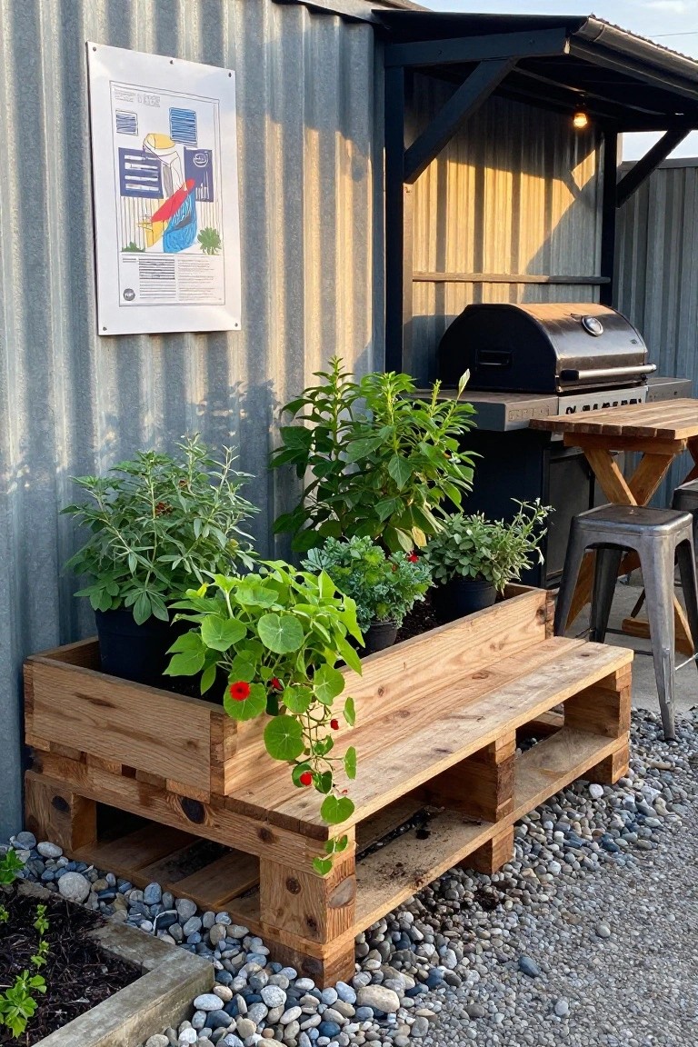 Wooden pallet planter bench with green plants and red flowers beside barbecue grill