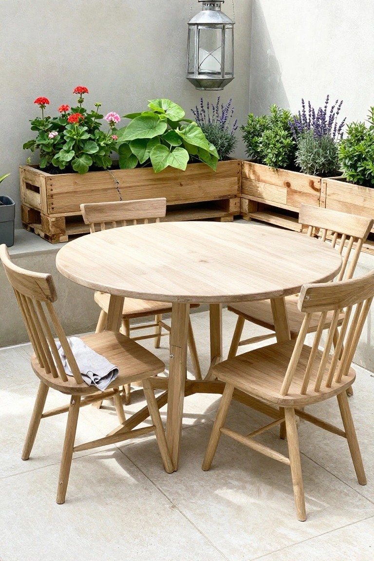 A round light wood dining table with four matching chairs sits on a paved patio, bordered by wooden pallet planters filled with red and pink flowers, green foliage, and lavender, with a metal lantern hanging overhead.