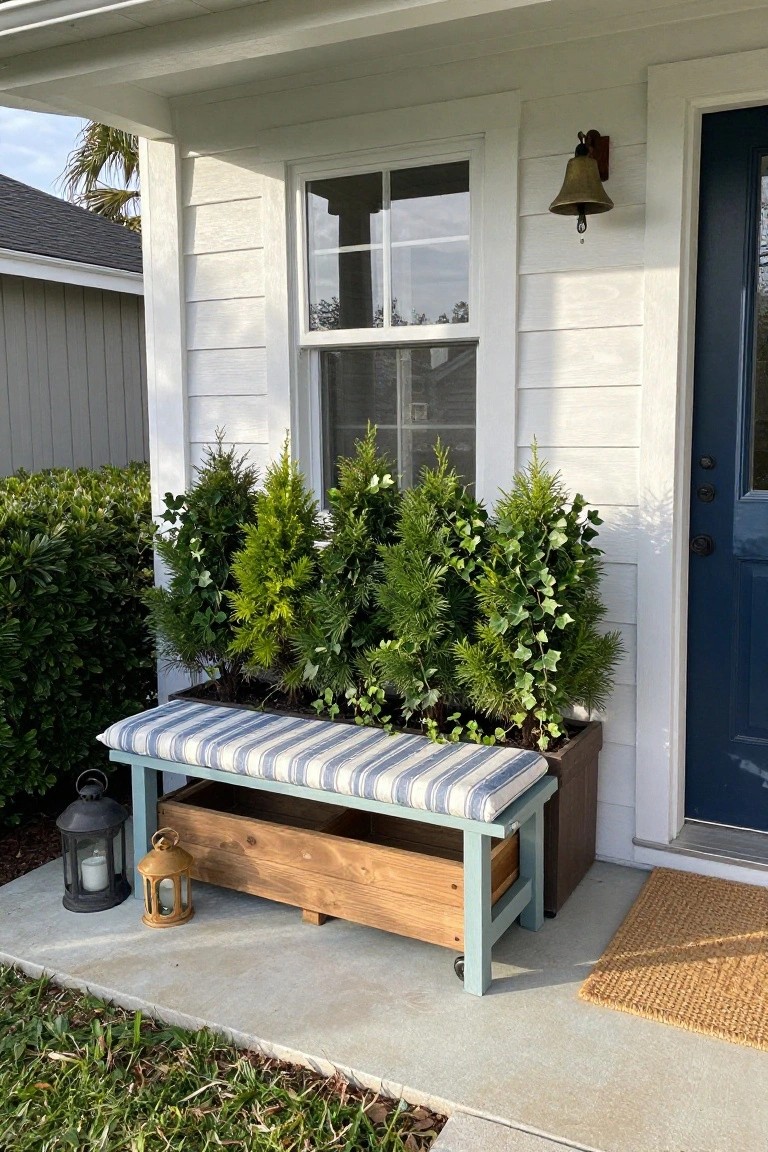 Wooden storage bench with blue striped cushion next to a rectangular planter box filled with green shrubs and ivy on a concrete front porch.
